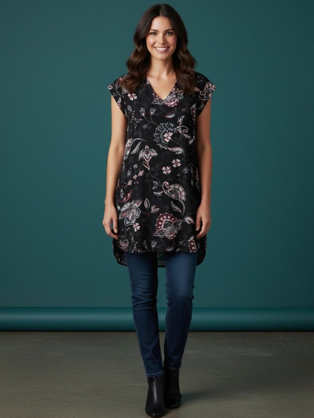 Reitmans Black Midi Tunic with Pink and Cream Floral Print